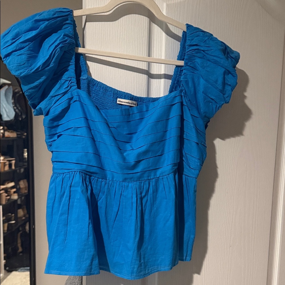 Abercrombie & Fitch Bright Blue Puff-Sleeve Peplum Blouse